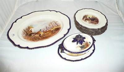 Lot 161 - Set of Worcester bird plates, oval dish, sauce tureen cover and stand