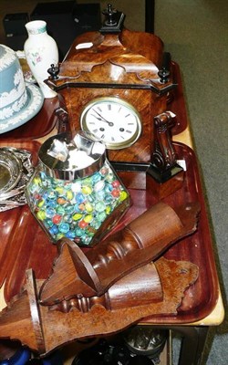 Lot 168 - A quantity of marbles, ebonised dressing table set, striking mantel clock, wooden wall brackets and