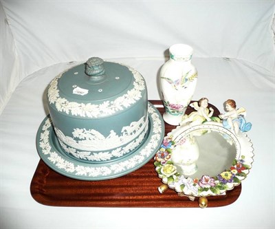 Lot 169 - Tray including new Chelsea Staffordshire vase, flower encrusted mirror and a Jasperware cheese bell