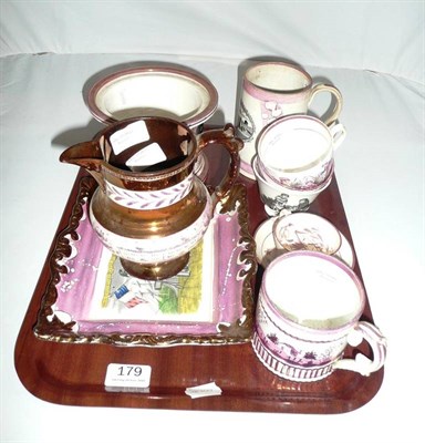 Lot 179 - Copper lustre naval plaque, frog mug and other ceramics (tray)