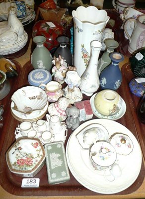 Lot 183 - Tray of decorative ceramics including Beatrix Potter figures, Wedgwood, Belleek pig, Royal...