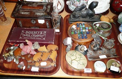 Lot 184 - Two trays of collectables including solitaire, Sphinx door stop, portrait miniature, tea caddy,...