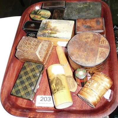 Lot 203 - Two tartanware boxes, three small straw work boxes, six papier mache snuff boxes, mauchline...