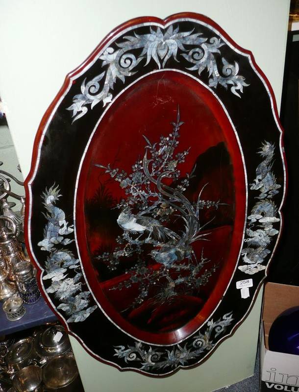 Lot 258 - Chinese lacquer and mother-of-pearl oval tray