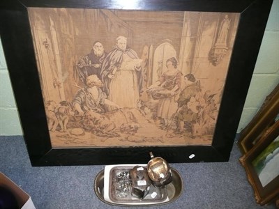 Lot 259 - A small quantity of electroplate including caddy, flatware etc and a tapestry panel after Landseer