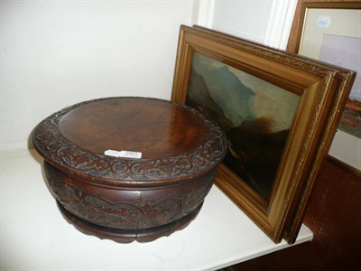 Lot 260 - A Victorian walnut sewing box and a pair of early 20th century oil paintings of cattle