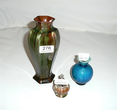 Lot 276 - A green glazed vase, a Linthorpe turquoise glazed vase and a Linthorpe salt