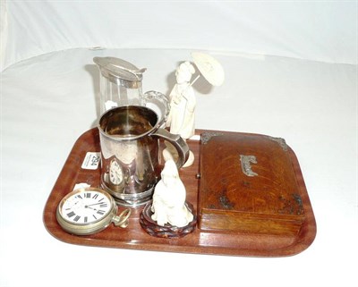 Lot 294 - Two ivory figures, silver mug, card box and sundry