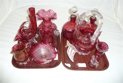 Lot 295 - Pair of cranberry glass carafes, assorted jugs, bowls etc (on two small trays)