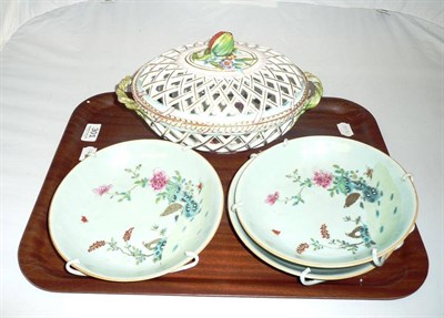 Lot 301 - Three Canton quail decorated dishes and a German chestnut basket