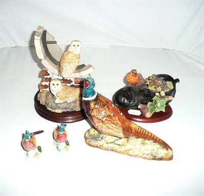 Lot 306 - Beswick Pheasant, two smaller, Border fine arts owl group and robins group