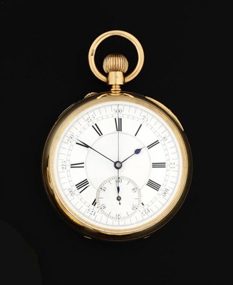 Lot 434 - An 18ct Gold Open Faced Single Push Chronograph Keyless Lever Pocket Watch, 1883, frosted gilt...