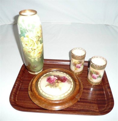 Lot 312 - A pair of Royal Worcester vases (af), rose painted vase and a circular plaque