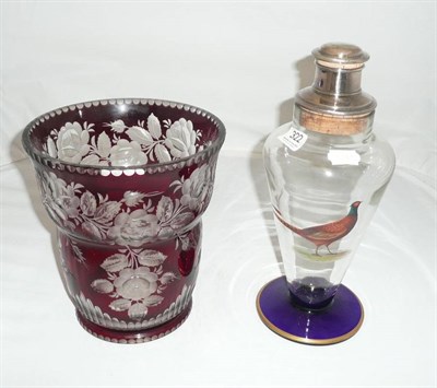 Lot 322 - A red overlay glass vase and a large glass cocktail shaker with plated mount and pheasant...