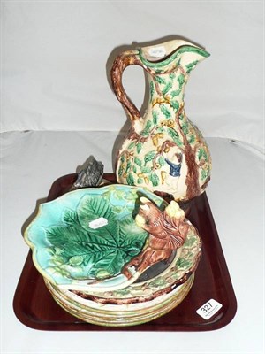 Lot 327 - Tray including Majolica squirrel dish, Majolica type jug and four plates