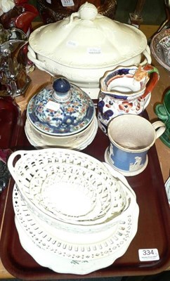 Lot 334 - Tray including creamware, large tureen and cover, ironstone, Imari decorated jug, 19th century...