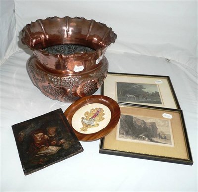 Lot 337 - Copper jardiniere, prints and an oil on board