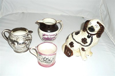 Lot 338 - A dated pearlware jug 1829, a silver resist jug, another, a Sunderland jug, a Staffordshire dog