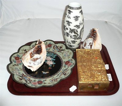 Lot 343 - Cloisonne dish, brass lock plate, vase and two shells