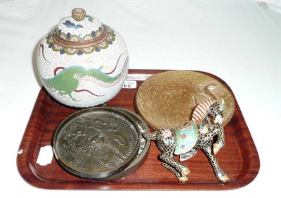 Lot 345 - Two Japanese brass lizard dishes, enamelled horse, jar and cover etc