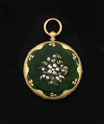 Lot 438 - An 18ct Gold, Enamel and Diamond Set Cylinder Pocket Watch, circa 1850, frosted gilt finished...