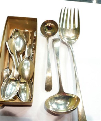 Lot 356 - Two sauce ladles, twelve teaspoons, sugar nips, a salad fork