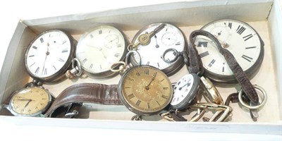 Lot 363 - Four silver pocket watches, fob watch, 9ct gold lady's wristwatch and two other wristwatches