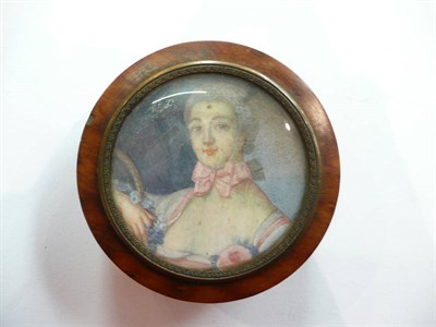 Lot 368 - Yew wood circular snuff box with miniature of lady in lid