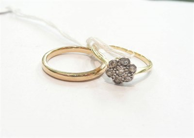 Lot 382 - 9ct gold diamond flower head ring  and a 9ct gold wedding band, 3g approx total weight