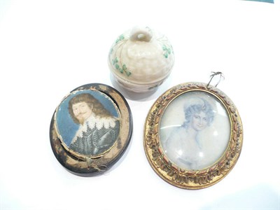 Lot 400 - Two miniature portraits and a Beleek box and cover