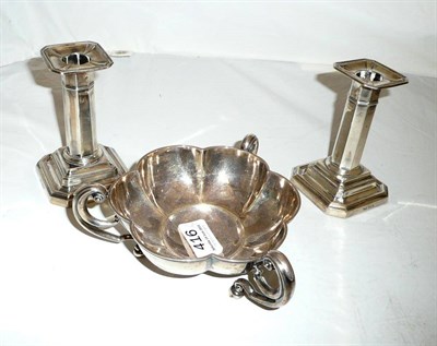 Lot 416 - Three handled silver bowl and a pair of candlesticks