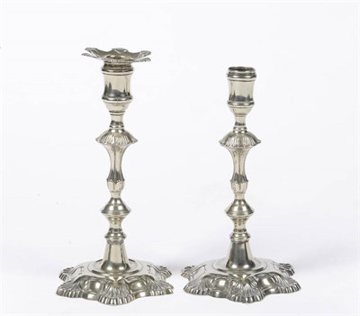 Lot 446 - A Pair of Paktong Table Candlesticks, 18th century, each with concave sided nozzle, one retaining a