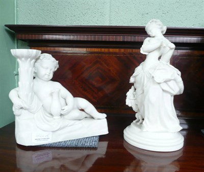 Lot 444 - Parian - reclining cherub with vase and jug; Unknown factory, young girl in crinoline dress looking