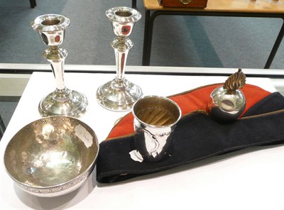 Lot 459 - Pair of silver loaded candlesticks, Continental silver beaker and bowl, silver lighter and cap