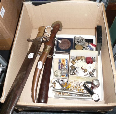 Lot 462 - Bayonet, Talwar dagger, collection of thimbles, medals and a truncheon, small amount of costume...