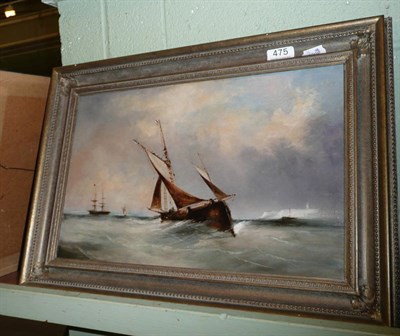 Lot 475 - Framed oil on board, shipping scene in rough water