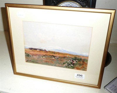 Lot 496 - George Cockram - extensive landscape with snow-capped mountain, signed watercolour