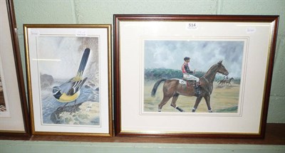 Lot 514 - Peter Allis - A Grey Wagtail, signed watercolour and a watercolour study of a racehorse with jockey