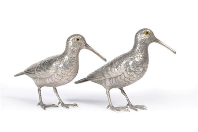 Lot 455 - A Pair of Silver Snipe, import mark for London 1966, realistically modelled with glass inset...