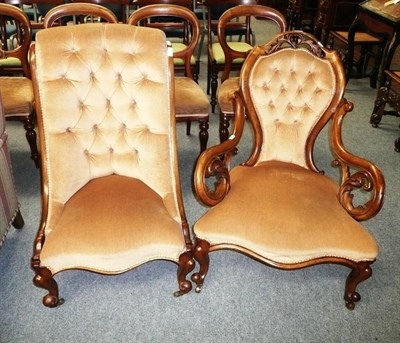 Lot 611 - Victorian walnut framed open arm chair and a Victorian button back nursing chair