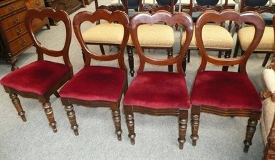 Lot 616 - Four Victorian Balloon back chairs, fire screen and a reproduction pedestal table