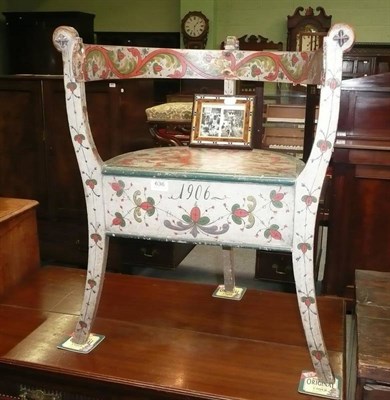 Lot 636 - A Dutch-style painted chair dated 1906 with a photograph of Walter Eddison and his wife sitting...