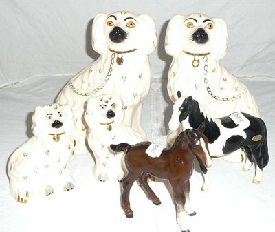 Lot 2 - Pair of Beswick Staffordshire dogs, another smaller pair, Beswick Pinto pony (a.f.) and a brown...
