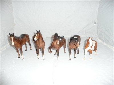 Lot 8 - Four brown Beswick horses and a matt glazed Skewbald Pinto pony (a.f.)
