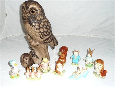 Lot 15 - Nine Beswick Beatrix Potter figures, large Poole pottery Linley Adams owl and another smaller
