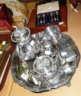 Lot 16 - Plated tray, three piece plated tea set and cased silver teaspoons, hip flask and a cased set...