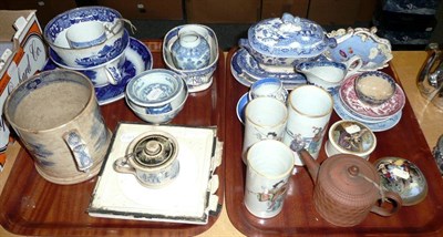 Lot 34 - Three Chinese spill vases and a quantity of blue and white and other pottery on two trays