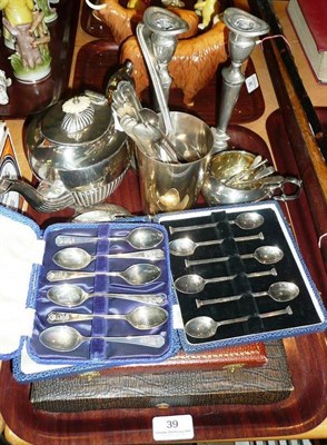 Lot 39 - Pair of plated candlesticks, cased plated flatware, plated teapot, etc