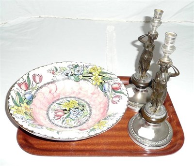 Lot 47 - A pair of figural candlesticks and a Maling bowl