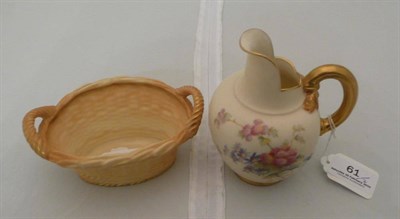 Lot 61 - A Royal Worcester blush ivory basket and a Royal Worcester blush ivory and transfer printed jug (2)